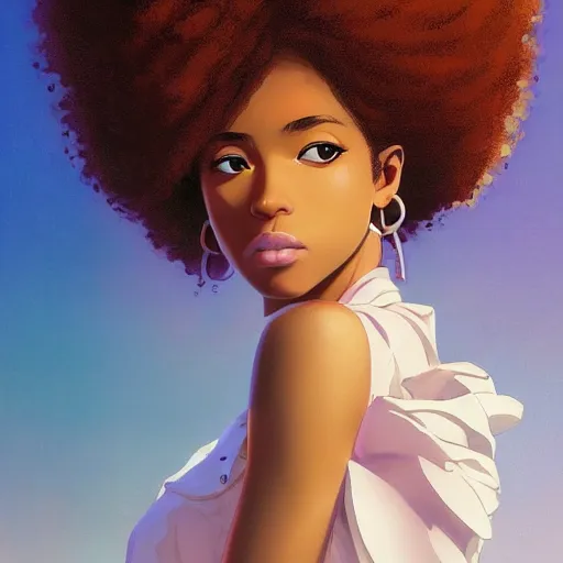 Image similar to a comic portrait of a teenager light - skin girl, afro hair, fine - face, realistic shaded perfect face, fine details, day setting. very anime style. realistic shaded lighting poster by ilya kuvshinov katsuhiro, magali villeneuve, artgerm, jeremy lipkin and michael garmash, rob rey and kentaro miura style, trending on art station