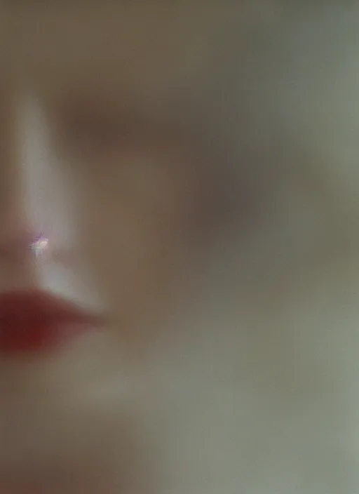 Prompt: out of focus photorealistic closeup of mouth and eyes, pale woman by saul leiter, very blurry, translucent white skin, foggy