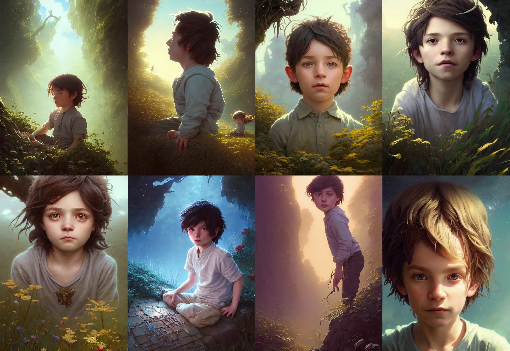 Image similar to highly detailed portrait of a little boy with long hairs, stephen bliss, unreal engine, fantasy art by greg rutkowski, loish, rhads, ferdinand knab, makoto shinkai and lois van baarle, ilya kuvshinov, rossdraws, tom bagshaw, alphonse mucha, global illumination, radiant light, detailed and intricate environment