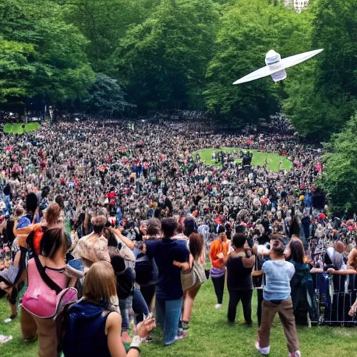 Prompt: a crowd of people watching and waving to a departing ufo in Central Park