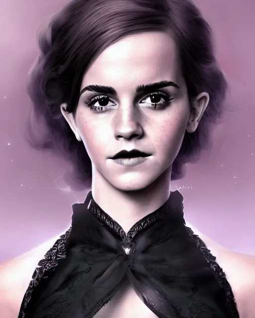 Prompt: full shot portrait painting of very beautiful emma watson standing as black violet maiden in stockings corset noir streets, character design by mark ryden and pixar, ue 5, daz, hyperrealistic, octane render, cosplay, rpg portrait, dynamic lighting, intricate detail, cinematic