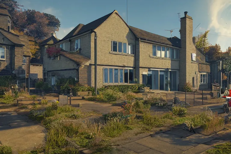 Prompt: cyberpunk, an estate agent listing photo, external view of a 5 bedroom detached house in the UK, it's summer, clear sky, by Paul Lehr, highly detailed, photorealistic, unreal engine, 8k,