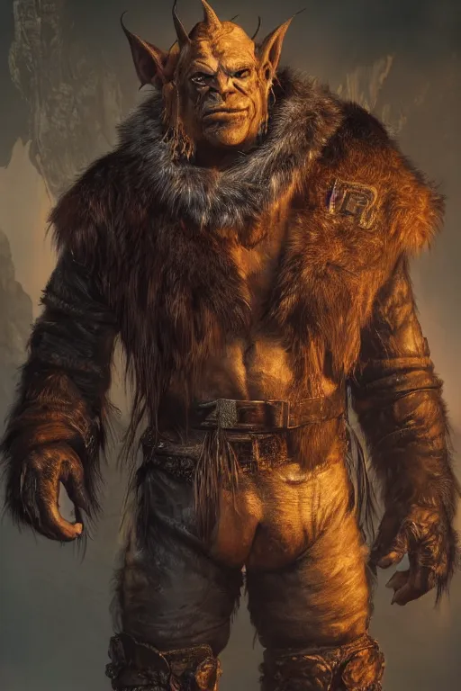 Prompt: A full body shot of a handsome orc looking into the camera wearing a leather fur jacket and boots, full body shot, detailed face, portrait, artstation, realistic, highly detailed, symmetrical, D&D, Dungeons & Dragons, hyper realistic, dynamic pose, high detail, octane render, unreal engine, 8k, fantasy art, highly detailed, concept art