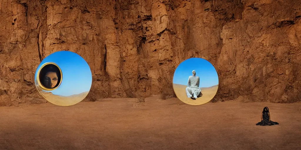 Image similar to levitating bene gesserit with full - face golden mask in a dry rocky desert landscape, visible sky and sunny atmosphere, fata morgana and giant mirrors by alejandro jodorowsky, anamorphic lens, kodakchrome, practical effects, masterpiece, 8 k