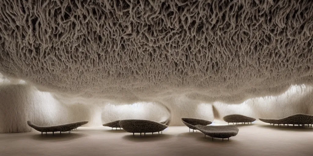 Image similar to futuristic interior organic design by Ernesto Neto composed all covered with wool and hair, the chairs, tables, and walls all seem to meld together into a color-shifting with covered with wool and hair, hair ground surface, maximum natural texture, soft smooth surfaces, beige light colors monochromatic, warm illumination, cinematic alien futuristic atmosphere, in low fog, magical digital, 8k resolution, golden ratio, best color graded, vray beautiful, ambient occlusion, subsurface scatter, radiosity, hyper-realistic render