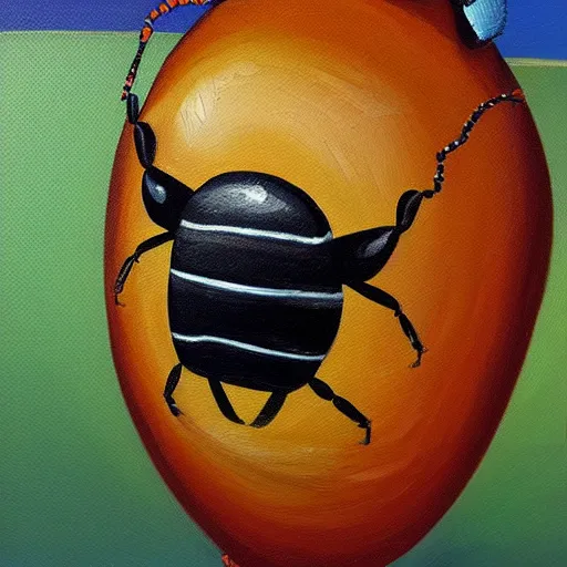 Image similar to a funky little beetle playing a bongo at a party, oil painting, high detail, funky!