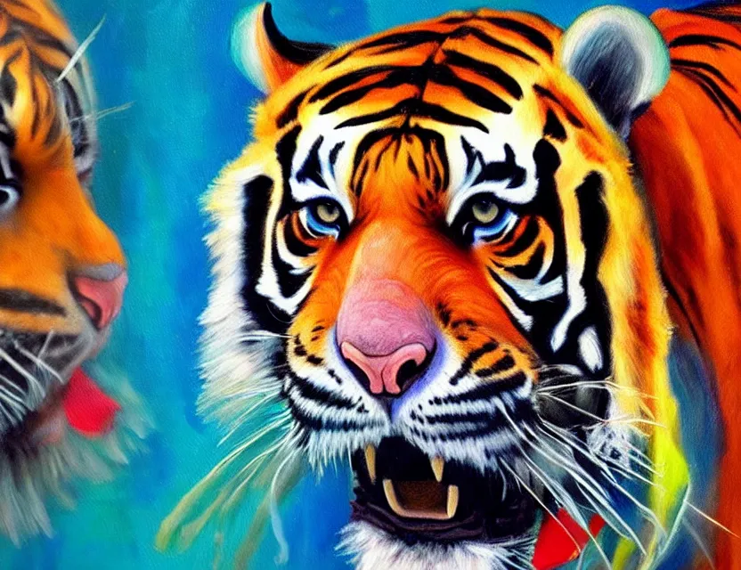 Prompt: a highly realistic oil painting of a tiger with seablue eyes, in the background you can see a chinese new year party going on with bright neon colors and with a old dirty sable hair brush