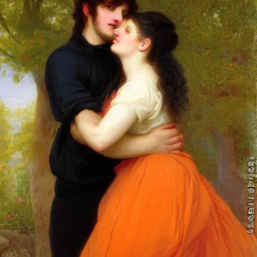 Image similar to young man in orange shirt and young woman in green dress with black hair hugging, by pierre - auguste cot