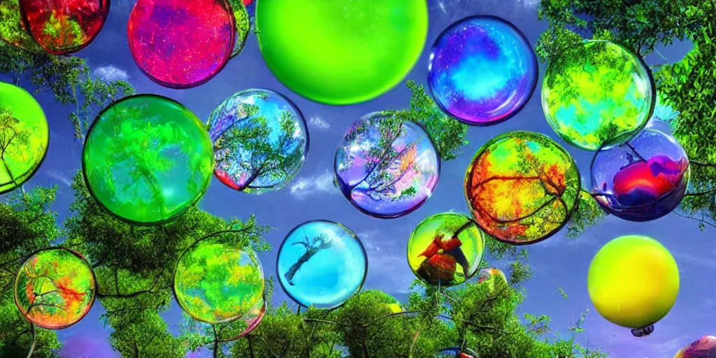 Image similar to flying saucer colorful toylike tree garden water globes, award winning art, epic dreamlike fantasy landscape, art print, science fiction, ultra realistic,