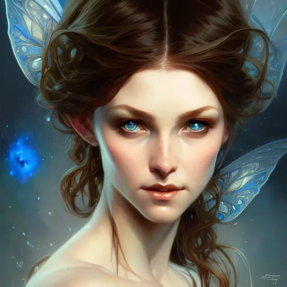 Image similar to Portrait of fairy woman, D&D, blue eyes, face, fantasy, intricate, elegant, highly detailed, digital painting, artstation, concept art, smooth, sharp focus, illustration, art by artgerm and greg rutkowski and alphonse mucha