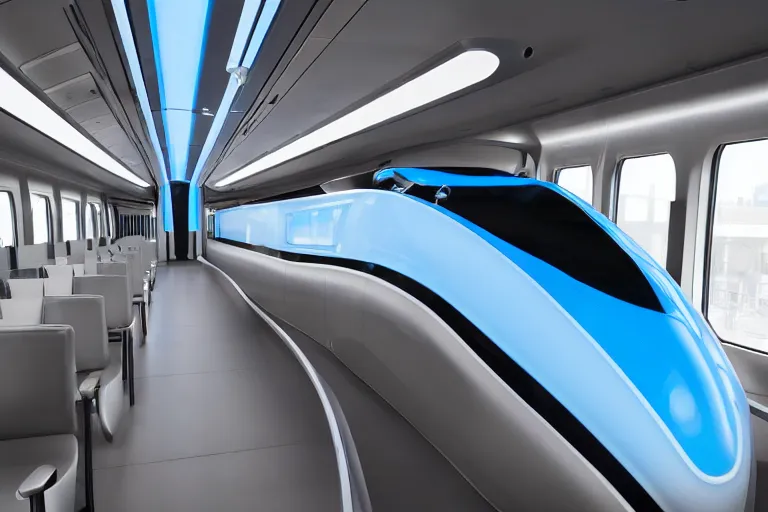 Image similar to futuristic train!! designed by apple, natural light, detailed, canon eos c 3 0 0, ƒ 1. 8, 3 5 mm, 8 k, medium - format print, blue light accents