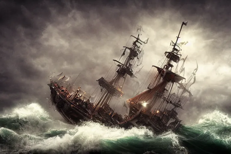 Prompt: epic pirate ship in a storm as cthulhu rises from the sea, in the style of vernon grant and chris van allsburg, trending on artstation, bright tilt - shift camcorder effect, photoshop, retrowave, hyperrealism,