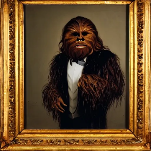 Prompt: portrait of chewbacca wearing a black buttoned jacket with a white puff tie, an american romanticism painting, a portrait painting, cgsociety, soft focus, oil on canvas, - c 1 5. 0