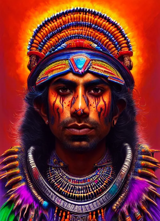 Prompt: portrait of suraj sharma, hyper detailed ultra sharp aztec shaman warrior. trending on artstation, warpaint aesthetic, bloodwave, colorful, psychedelic, ornate, intricate, digital painting, concept art, smooth, sharp focus, illustration, art by artgerm and greg rutkowski and h. r. giger, 8 k