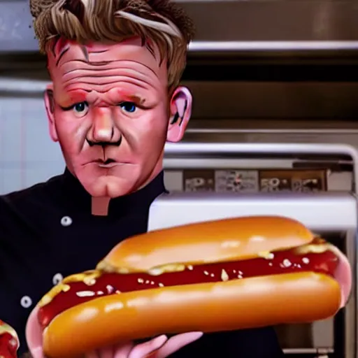 Image similar to a film still of gordon ramsay selling hotdogs in a new movie, 4 k