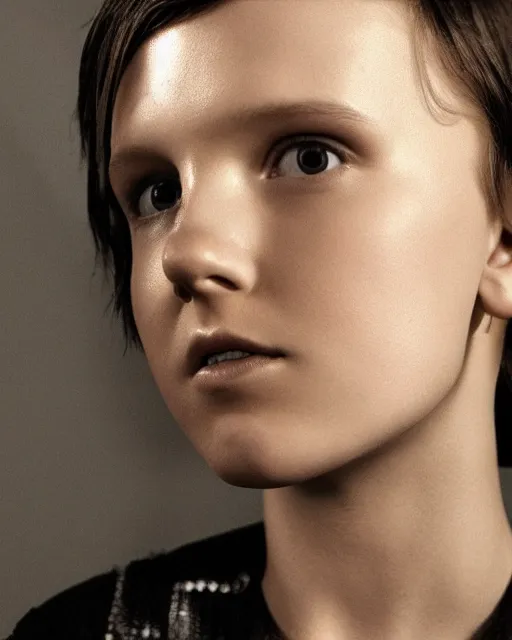 Prompt: close up photo of millie bobby brown by yoji shinkawa, black and white