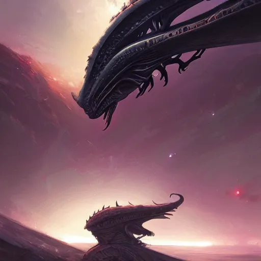 Image similar to alien dragon inspired by René Laloux, Greg Rutkowski,stars, cinematic