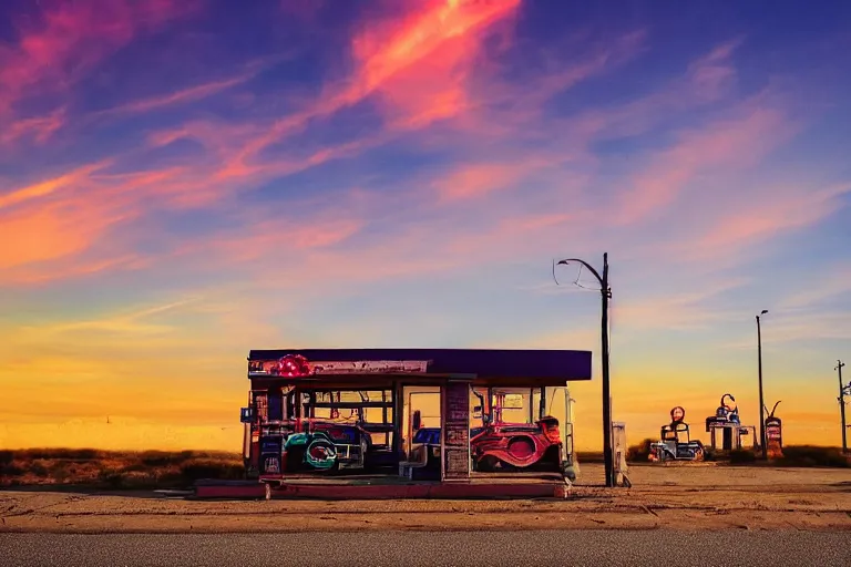 Image similar to a sunset light landscape with historical route 6 6, lots of sparkling details and sun ray ’ s, blinding backlight, smoke, volumetric lighting, colorful, octane, 3 5 mm, abandoned gas station, old rusty pickup - truck, beautiful epic colored reflections, very colorful heavenly, softlight