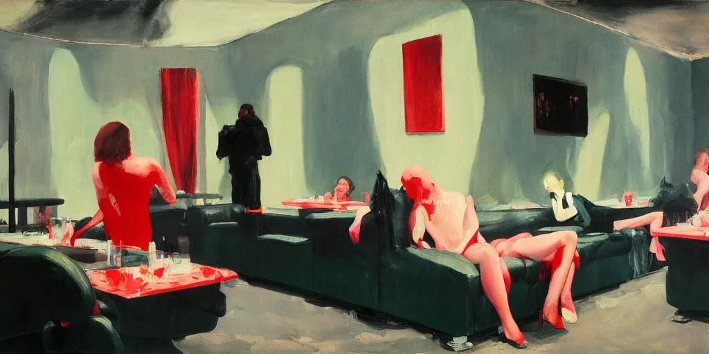 Image similar to realistic lovers collapsed in a the cafe void, curtains, spasms, college girls, couches melting, painted by Edward Hopper, Adrian Ghenie, 8k, Peter Doig, photorealistic, polaroid, melting paint drips