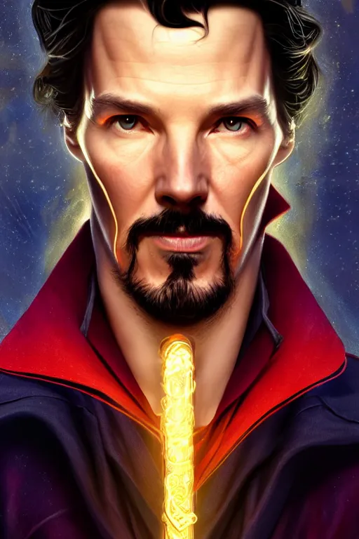 Image similar to Portrait of a doctor strange with dark hair, elegant, photorealistic, highly detailed, artstation, smooth, sharp focus, gold ornaments, neon lighting, sci-fi, art by Klimt