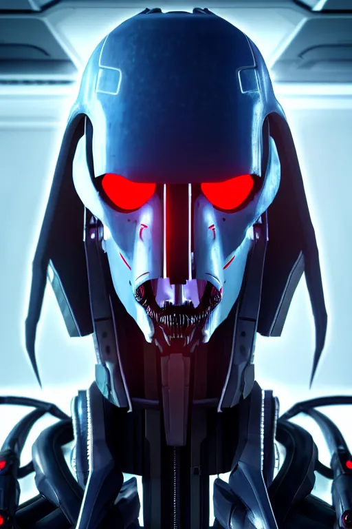 Image similar to futuristic portrait art of a cyberpunk general grievous, futuristic style general grievous, cyberpunk, game screenshot from cyberpunk 2 0 7 7