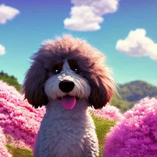 Prompt: a wholesome animation key shot of a bernedoodle on a hill, fluffy pink anime clouds, studio ghibli, pixar animation, sharp, rendered in unreal engine 5, anime key art, bloom, dramatic lighting