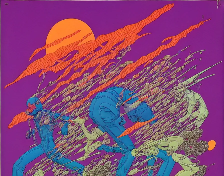 Image similar to ( ( ( ( the end ) ) ) ) by mœbius!!!!!!!!!!!!!!!!!!!!!!!!!!!, overdetailed art, colorful, artistic record jacket design