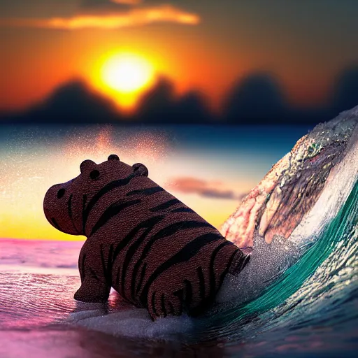 Image similar to a closeup photorealistic photograph of a knitted cute tiger hippopotamus riding an epic wave during sunset. extreme texture. surf in the background. professional capture. brightly lit scene. this 4 k hd image is trending on artstation, featured on behance, well - rendered, extra crisp, features intricate detail, epic composition and the style of unreal engine.