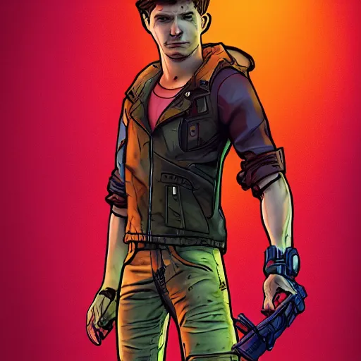 Image similar to tom holland portrait, borderlands, tales from the borderlands, the wolf among us, comic, cinematic lighting, studio quality, 8 k