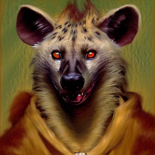 Image similar to a portrait of a hyena hyenaman canine in wizard robes. cinematic zootopia fursona furaffinity furry art detailed face painting by gaston bussiere craig mullins jc leyendecker gustav klimt artgerm greg rutkowski furry