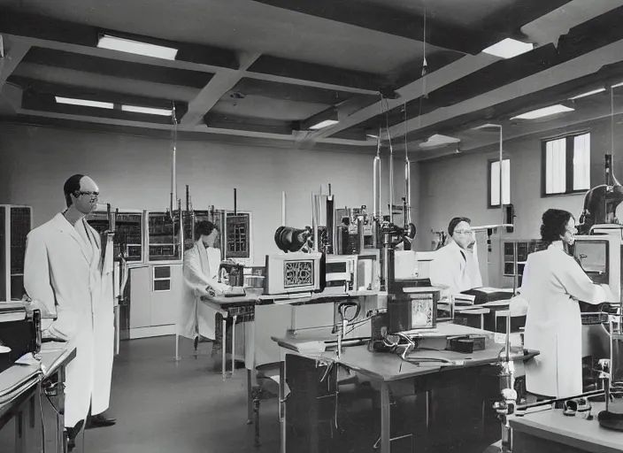 Prompt: realistic photo of the old science laboratory with a big retro robot cyborg in the corner, wooden walls brass panels, brass equipment and computers, people wearing white suits, dark sky in a window. 1 9 9 0, museum, documentary