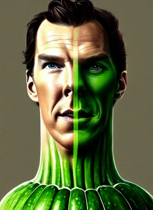 Prompt: highly detailed closeup portrait motivational poster of benedict cumberbatch as a sentient cucumber, cucumber for a body, no legs and arms by greg rutkowski, by artgerm, gradient green, black and white color scheme, black border