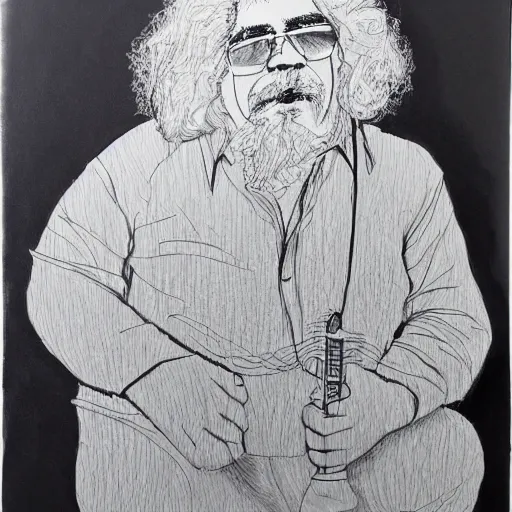 Image similar to continuous single line contour - drawing of jerry garcia, pen on white paper