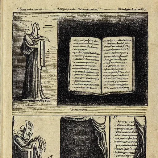 Image similar to “A page from the necronomicon depicting instructions on how to perform a ritual, 1800s etching”