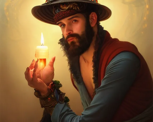 Image similar to a mind - blowing portrait of a fortune seeker male, holding a candle holder, wearing a silly hat, aquatic clothing, intelligent, deep focus, d & d, fantasy, intricate, elegant, highly detailed, digital painting, artstation, concept art, matte, sharp, illustration, hearthstone, art by artgerm and greg rutkowski and alphonse mucha