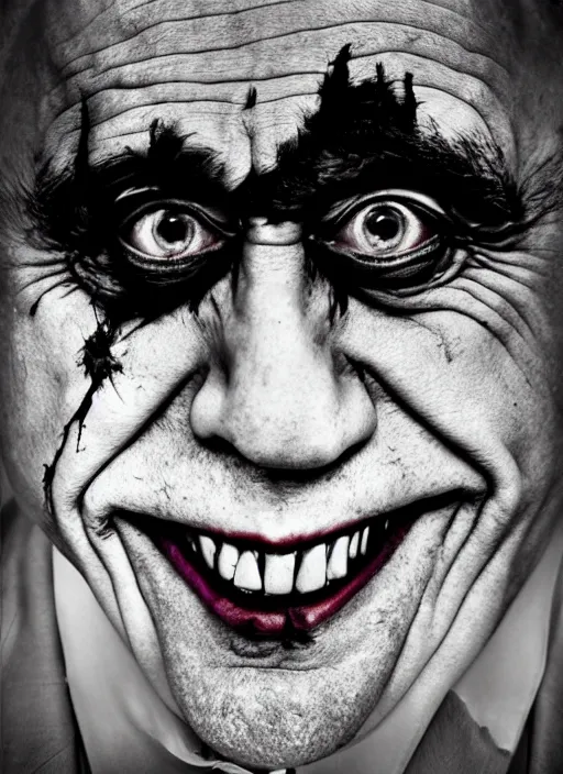 Prompt: photo of Danny Devito as the Joker by Lee Jeffries, head shot, detailed, award winning, Sony a7R