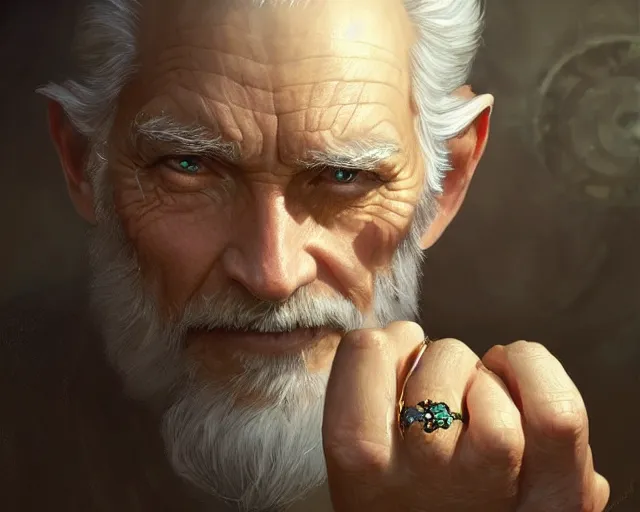 Image similar to old man with a ring on each finger, deep focus, d & d, fantasy, intricate, elegant, highly detailed, digital painting, artstation, concept art, matte, sharp focus, illustration, hearthstone, art by artgerm and greg rutkowski and alphonse mucha