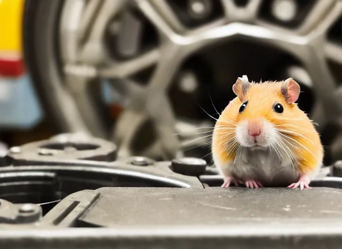 Image similar to film still of a hamster working as a mechanic in an auto shop, 8 k