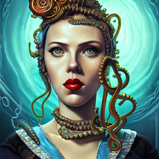 Image similar to lofi underwater bioshock steampunk lovecraft lovecraftian portrait of scarlett johansson, octopus, Pixar style, by Tristan Eaton Stanley Artgerm and Tom Bagshaw.