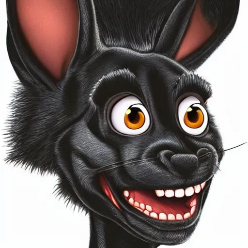 Image similar to A extremely highly detailed majestic hi-res beautiful, highly detailed head and shoulders portrait of a scary terrifying, horrifying, creepy black cartoon rabbit with scary big eyes, earing a shirt laughing, hey buddy, let's be friends, in the style of Walt Disney