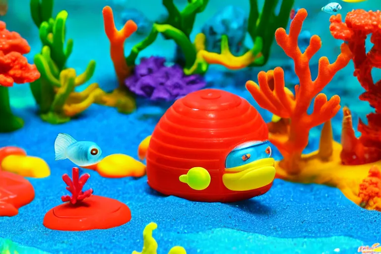 Image similar to fisher price coral reef, california, in 2 0 1 5, 8 k, scene from tv show hyper detailed 5 5 mm 8 5 mm, toy photography, made out of plastic