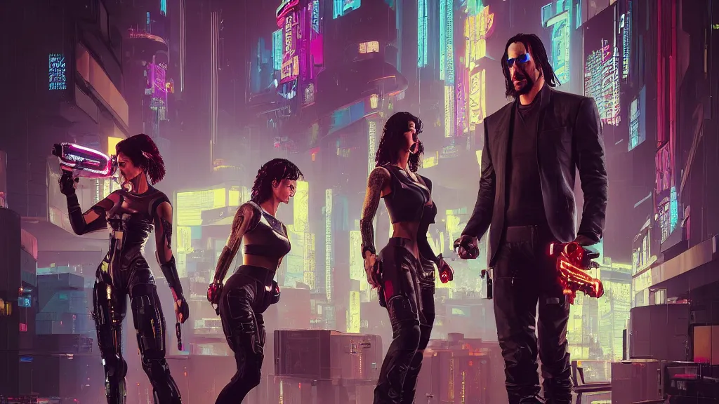 Prompt: a cyberpunk 2077 srcreenshot couple portrait of one Keanu Reeves and two hot female androids,love,film lighting,by Laurie Greasley,Lawrence Alma-Tadema,Dan Mumford,John Wick,Speed,Replicas,artstation,deviantart,FAN ART,full of color,Digital painting,face enhance,highly detailed,8K,octane,golden ratio,cinematic lighting