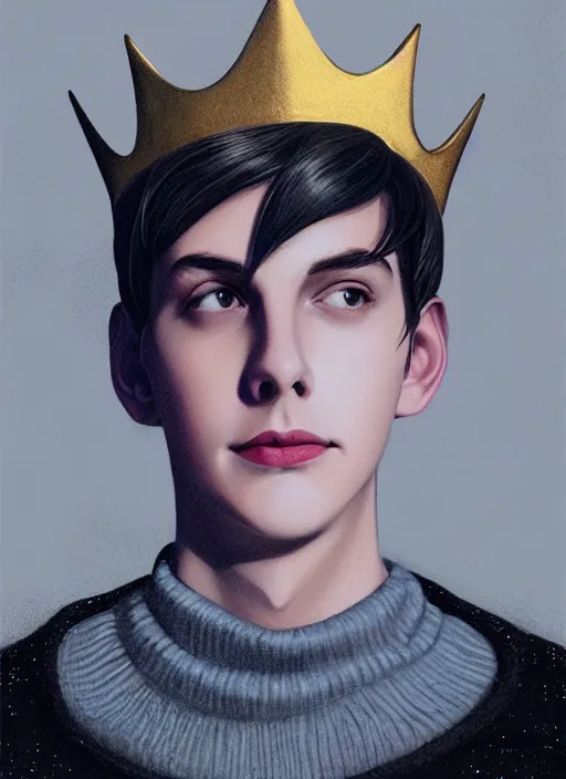 Image similar to portrait of teenage jughead jones wearing a light grey crown, crown, blue turtleneck, 1 9 5 0 s, closed eyes, photorealistic, black hair, glowing lighting, intricate, elegant, glowing lights, highly detailed, digital painting, artstation, concept art, smooth, sharp focus, illustration, art by wlop, mars ravelo and greg rutkowski