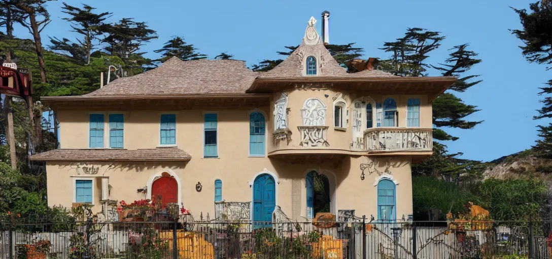 Prompt: exterior of house designed by wes anderson. monterey, ca. 2 0 2 2. 8 k.