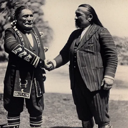 Image similar to a tattooed maori dignitary shakes hands with a 2 0 th century english industrialist, colorized 1 9 0 4 photo, kodak camera, historical event, credit the national archives of the united kingdom