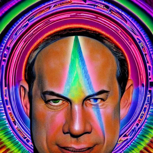 Prompt: a psychadelic portrait of binyamin netanyahu by alex grey, high deatil, cinestill poster