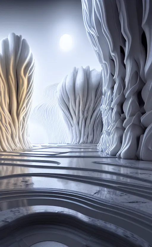 Image similar to highly detailed ultra sharp 3 d render cinematic composition of a smooth marble stone white fluid fractal sci - fi surreal architecture landscape, ceramic, magnesium, archviz, vincent callebaut composition, mamou - mani, beautiful lighting, 8 k, unreal engine, hdr, dof