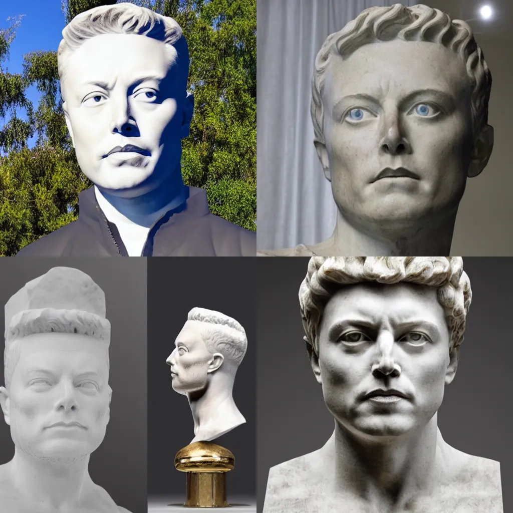 Prompt: marble white statue of Elon Musk (circa 300 BC), photo of the head of the statue