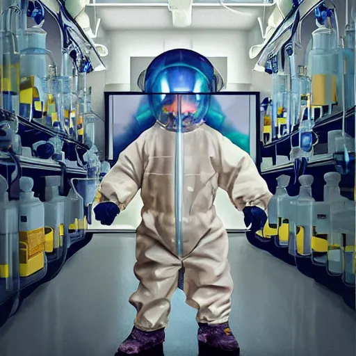 Image similar to A baby scientist with a hazmat suit in the lab, biohazard, detailed, award winning art by beeple