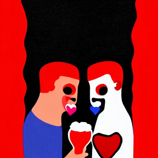 Prompt: two beautiful chad men drinking beer, red hearts, white heart, friendship, love, sadness, dark ambiance, concept by Godfrey Blow, featured on deviantart, drawing, sots art, lyco art, artwork, photoillustration, poster art